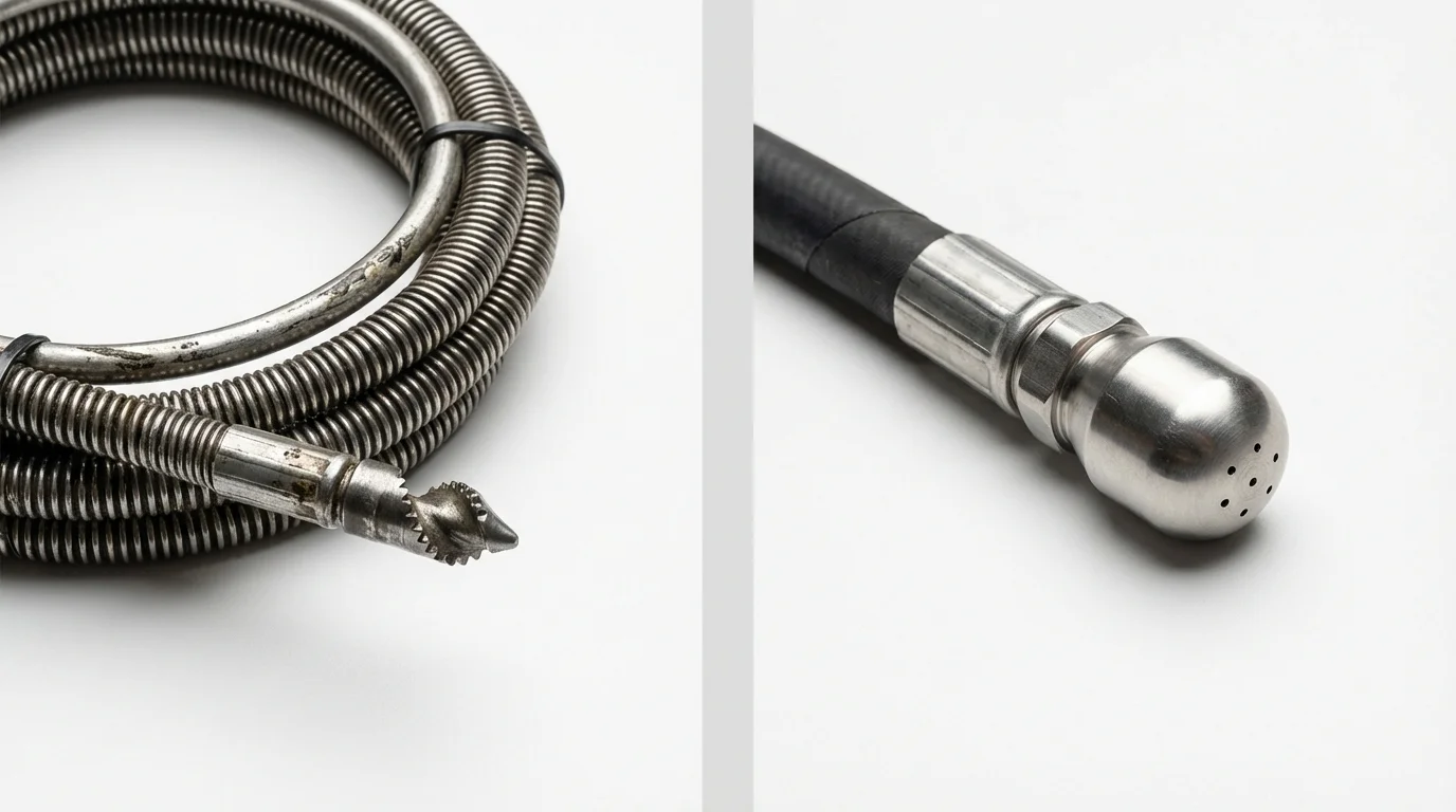 Drain snake cable and hydro jetting nozzle used for drain cleaning in Indianola, IA