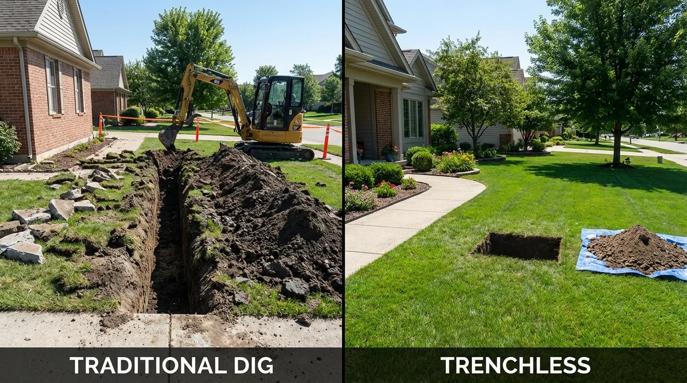 Trenchless sewer repair with minimal yard damage versus traditional excavation in Indianola, IA