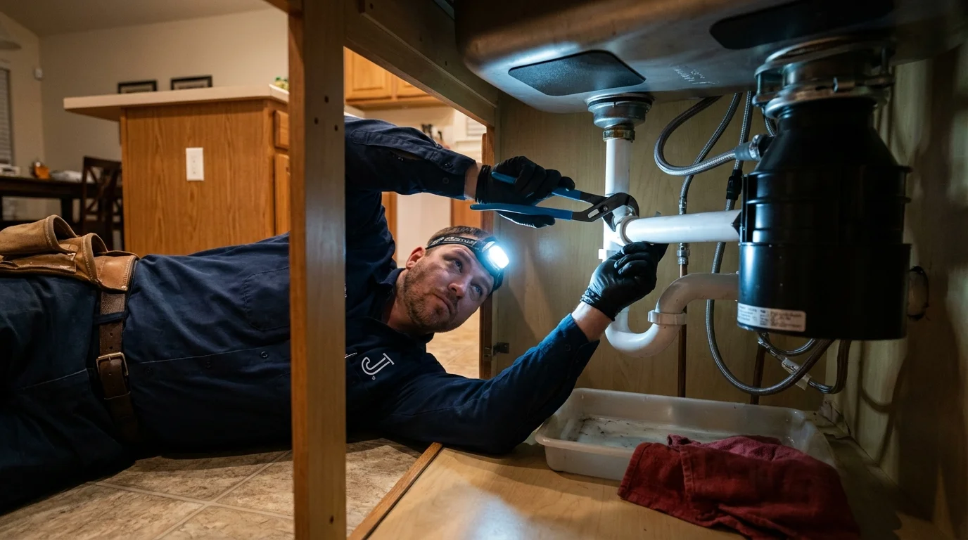 P-trap and supply line connections under a kitchen sink showing a common leak point in Indianola, IA
